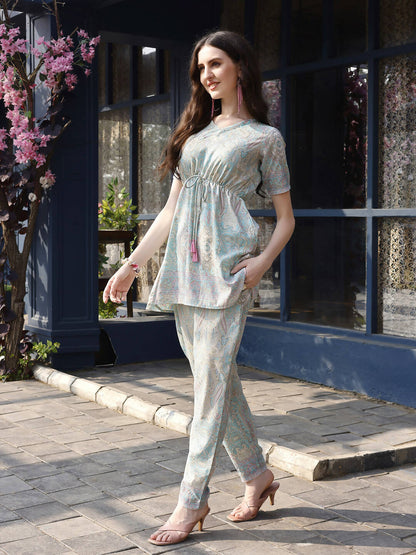 Sky Blue Rayon Paisley & Floral Printed Top with Matching Bottom - Eesha - Distacart