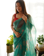 Thumbnail for Vamsee Aqua Green Organza Saree - Distacart
