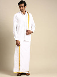 Thumbnail for Ramraj Cotton Mens Wedding Set White Regular Dhoti, Shirt & Towel - Distacart