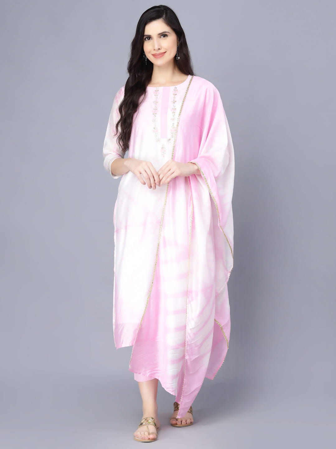 Myshka Women Pink Striped Empire Kurti with Trousers With Dupatta - Distacart