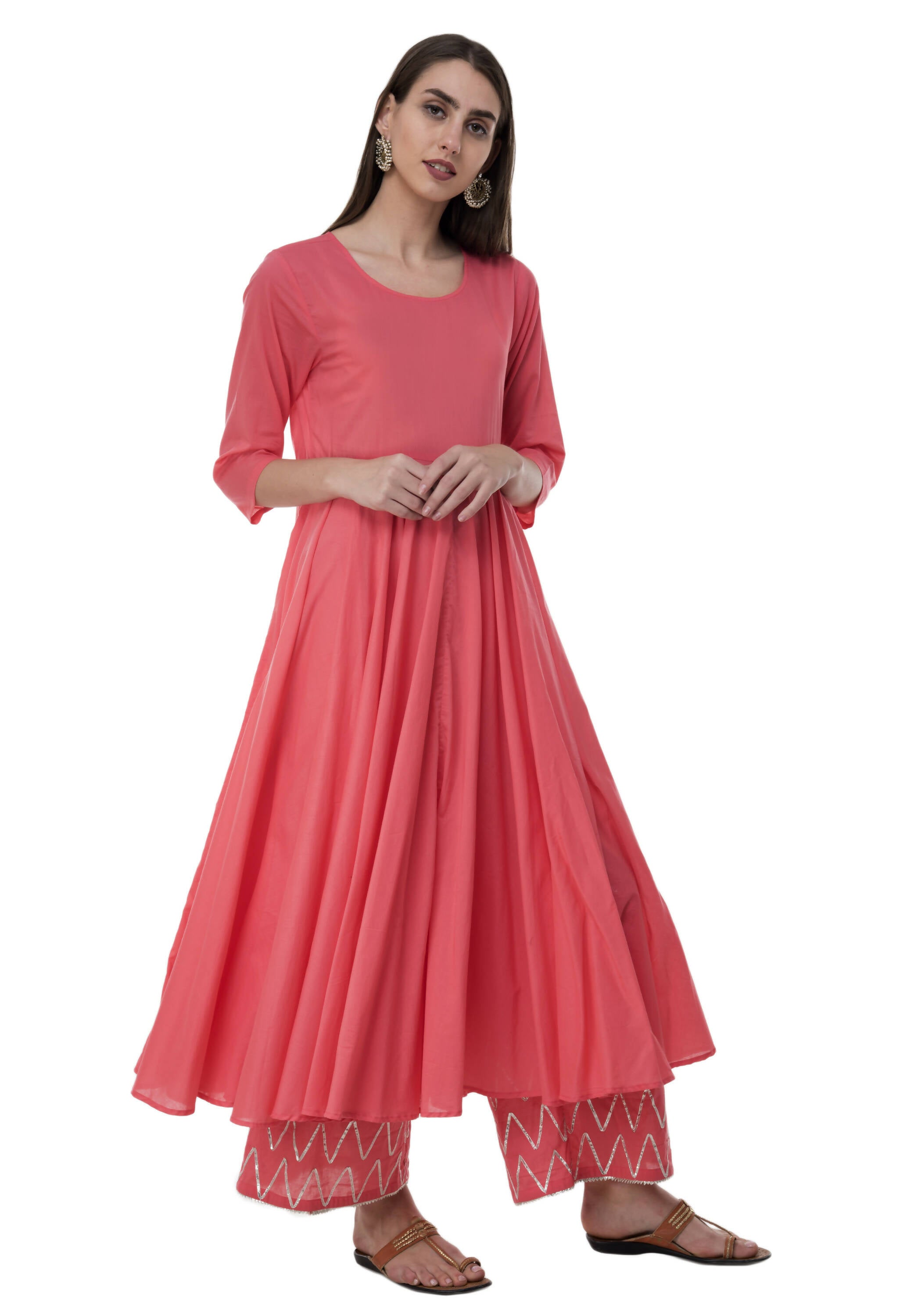 Women's Coral Flared Kurti With Palazzo Enhanced With Gota Work At Cuff Area Of Palazzo - G & A Apparels - Distacart