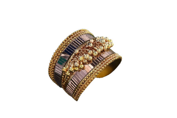 Mominos Fashion Gold Plated Oxidised Mirror & Ghungroo Cuff openable Bracelet