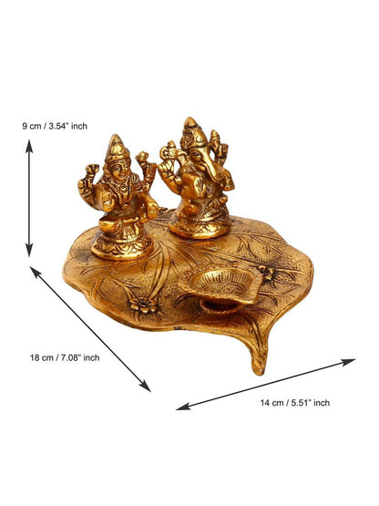 eCraftIndia Antique Gold-Toned Metal Handcrafted Laxmi Ganesh With Diya On Leaf - Distacart