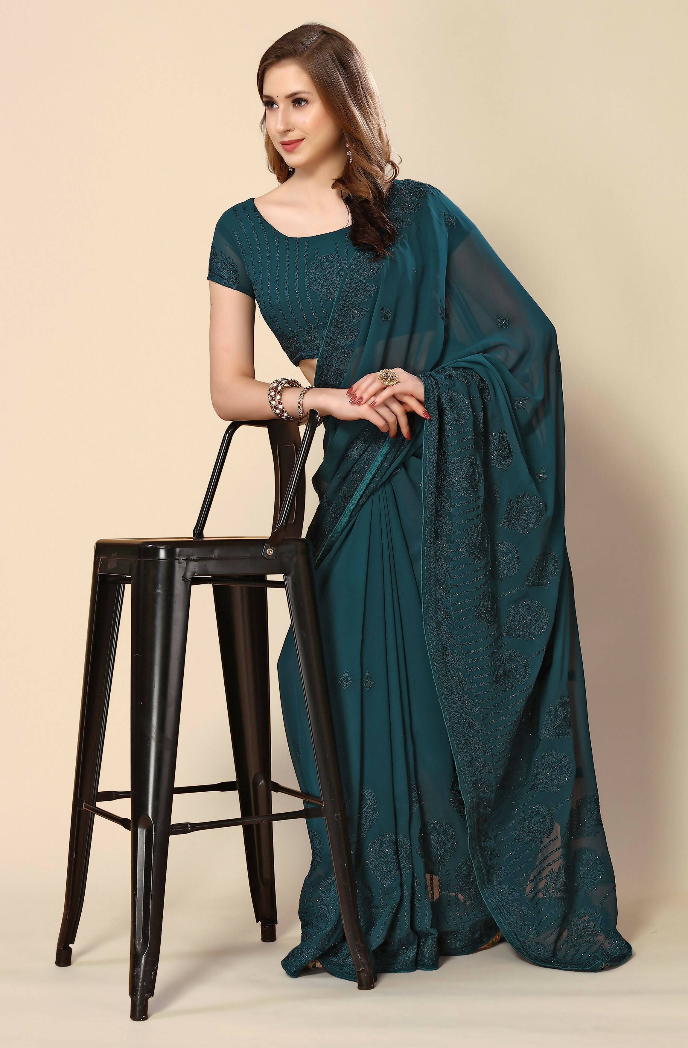 Teal Georgette Embroidered and Stone Work Saree with Unstitched Blouse Piece - Roozal - Distacart