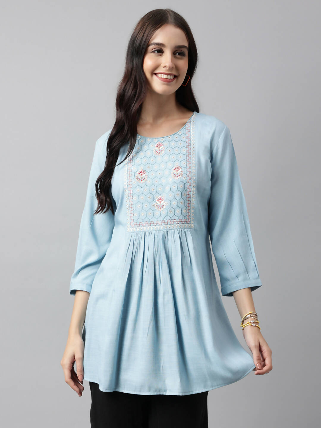 Light Blue Rayon Yoke Embroidered A-line Top - Tarini - Distacart