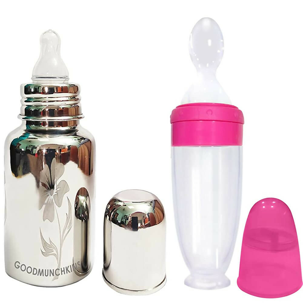 Goodmunchkins Stainless Steel Feeding Bottle 304 Grade Jointless & Spoon Food Feeder for Baby Nipple Feeder 300 ml Combo Pack-Pink - Distacart