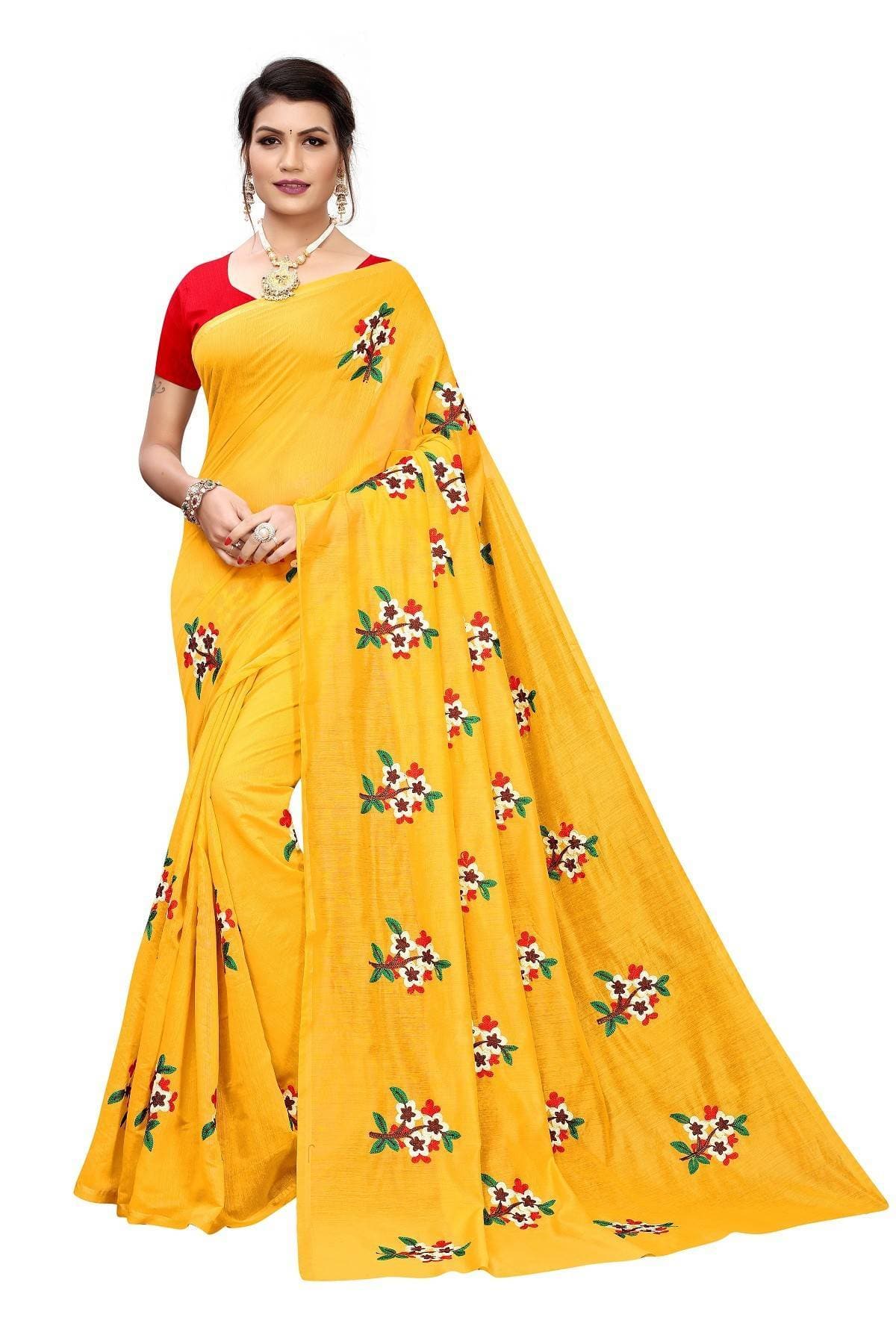 Vamika Yellow Chanderi Cotton Embroidery Latest Saree