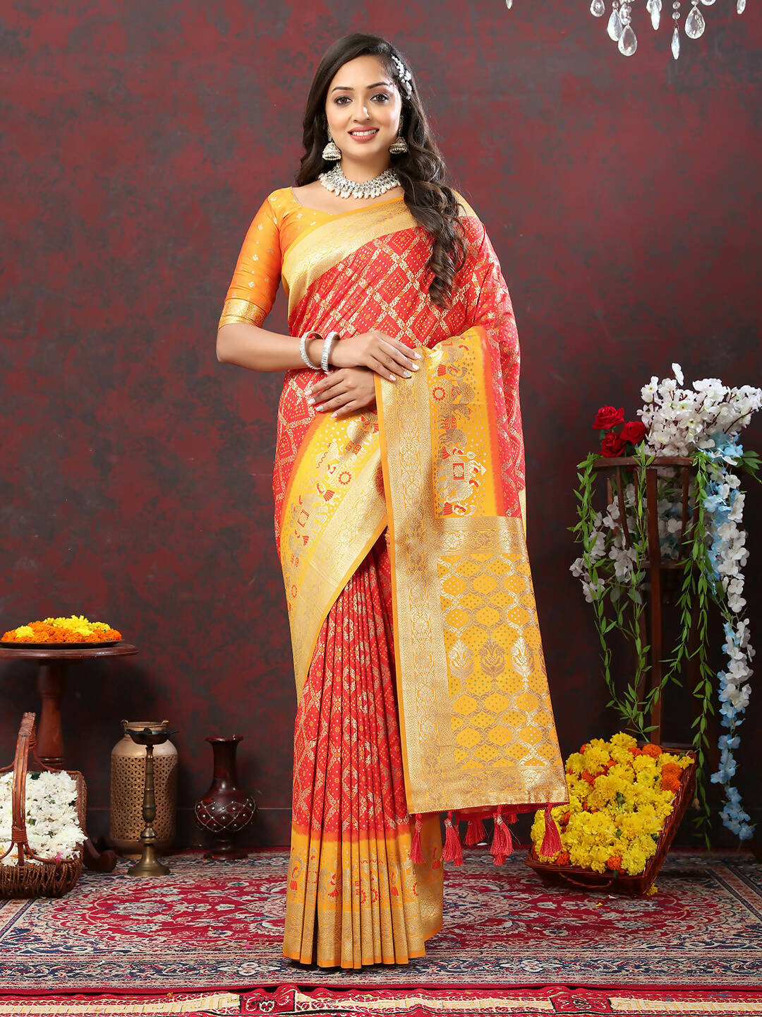 Lorenvalley Fashion Red & Yellow Patola Silk Woven Design Meenakari Weaving Saree - Distacart