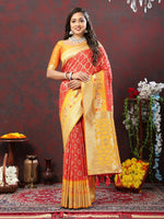Thumbnail for Lorenvalley Fashion Red & Yellow Patola Silk Woven Design Meenakari Weaving Saree - Distacart