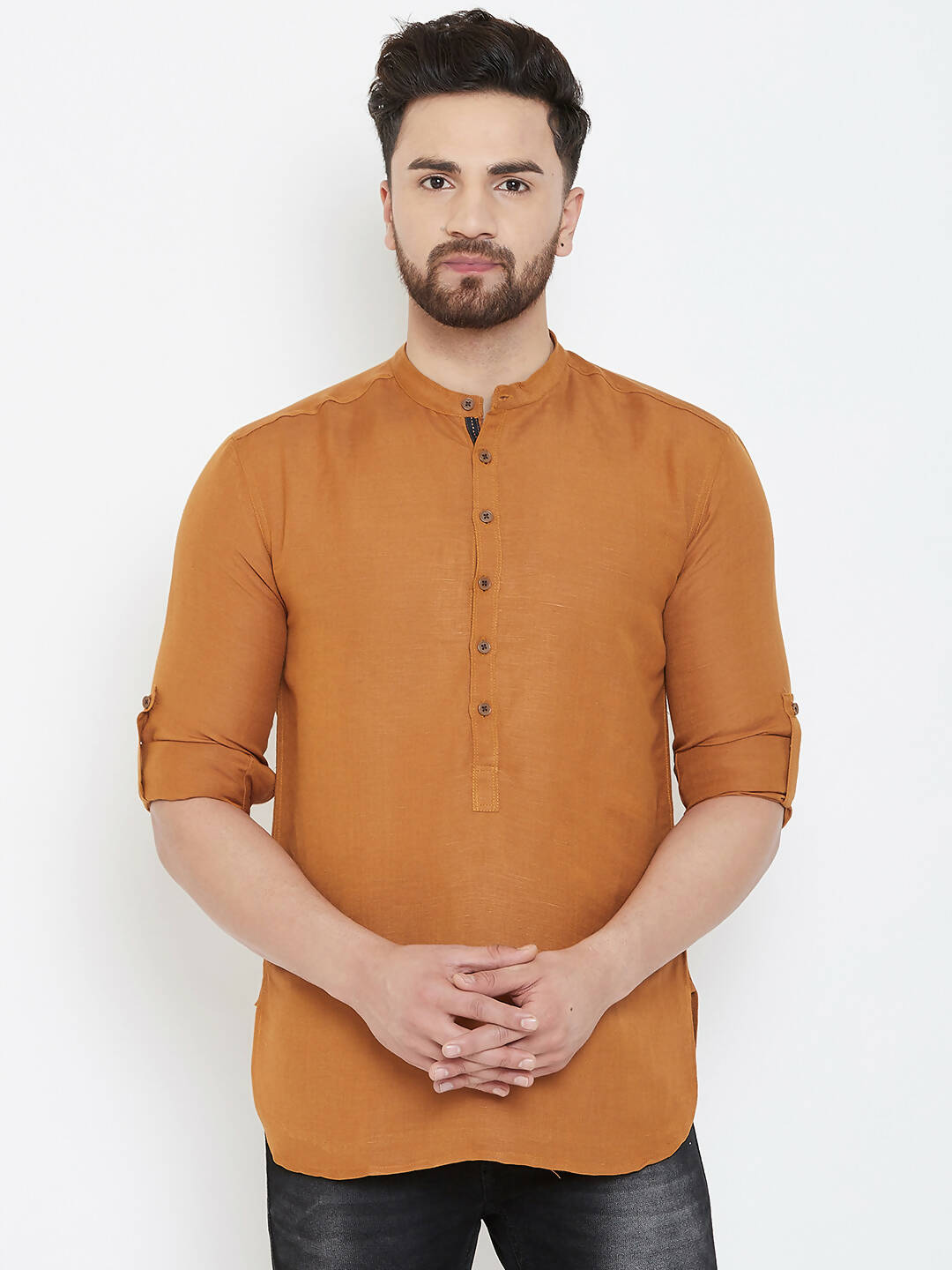 Even Apparels Brown Linen Men's Kurta With Band Collar - Distacart