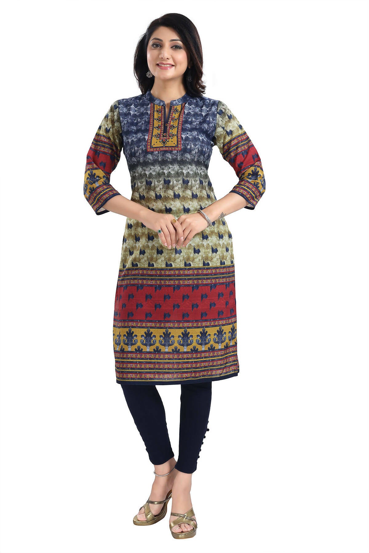 Snehal Creations Multicolored Designer Digital Print Cotton Slub Fabric Long Kurti Tunic - Distacart