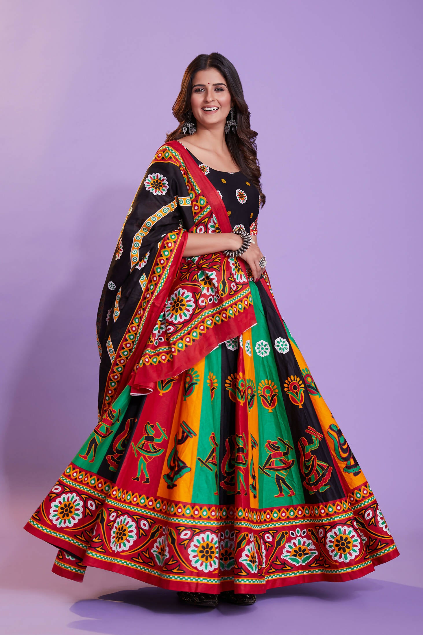 Multi Color Pure Cotton Hand Block Print Navratri Lehenga Choli with Dupatta - Raas - Distacart