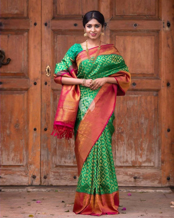 DEIANA'S Beautiful Golden Jari with New Design Soft Lichi Silk Saree - Green - Distacart