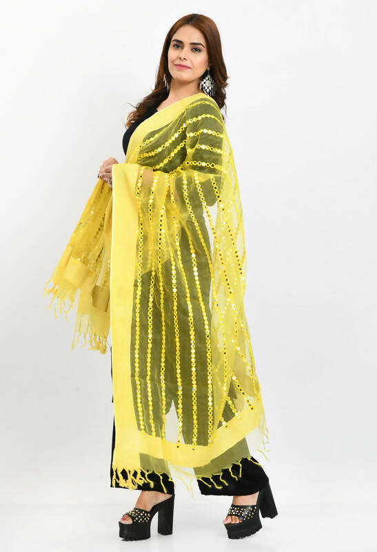 Mominos Fashion Moeza Women's Orgenza Mirror Stripe Thread Work Lemon Yellow Dupatta - Distacart