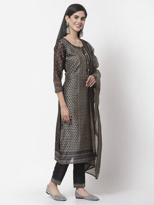 Myshka Black Chanderi Silk Embroidered 3/4 Sleeve Round Neck Kurta Pant Dupatta Set