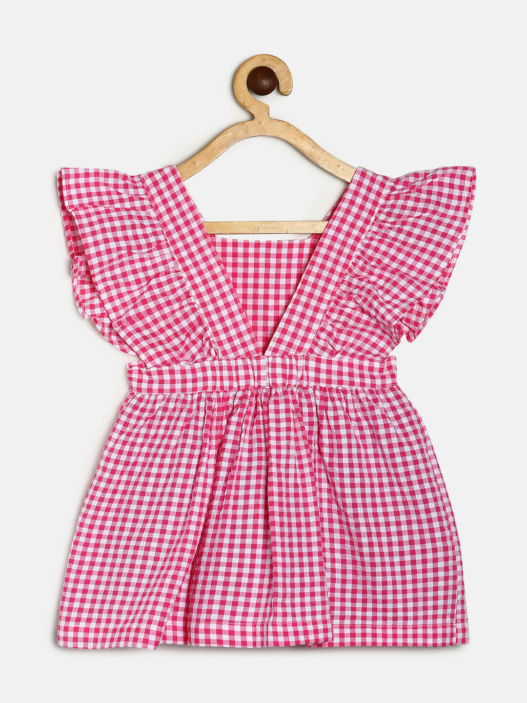 Manet Girls Cotton V Neck Frill Frock Checked Printed - Pink - Distacart