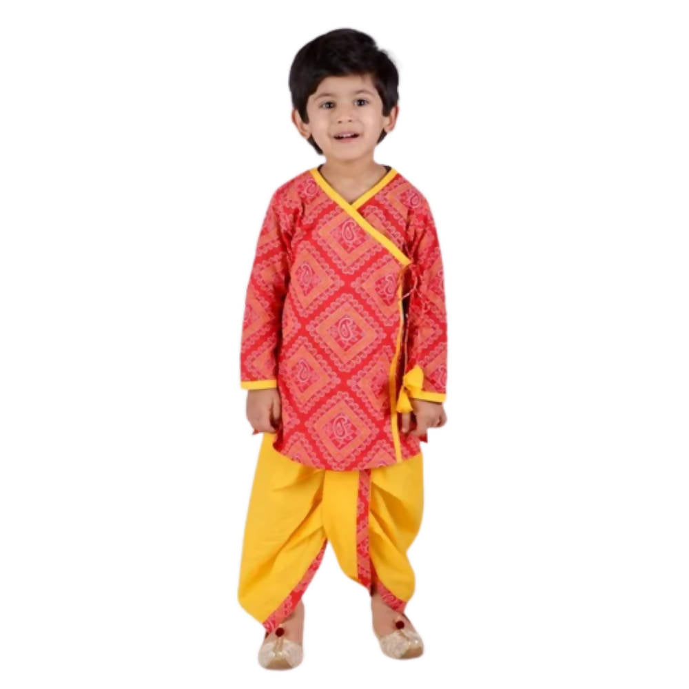 Little Bansi Red and yellow Color Jaipuri Ambi Angrakha Kurta with Dhoti