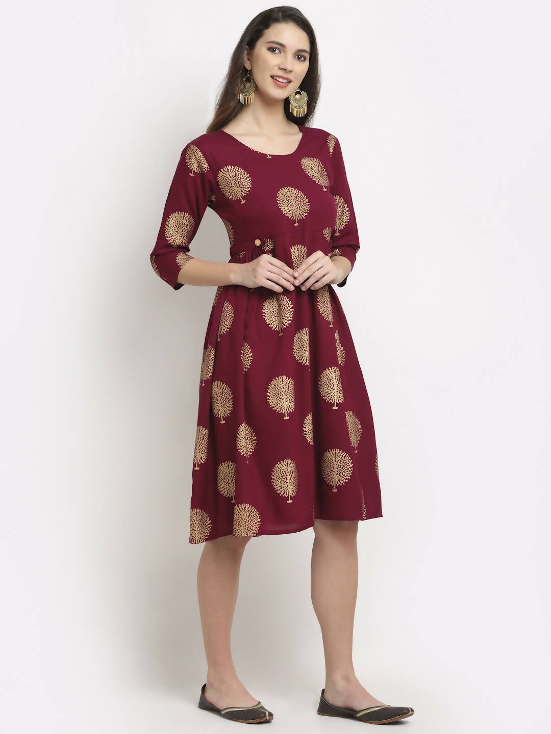 Rudra Bazaar Gold Boota Printed Wine Kurti - Distacart