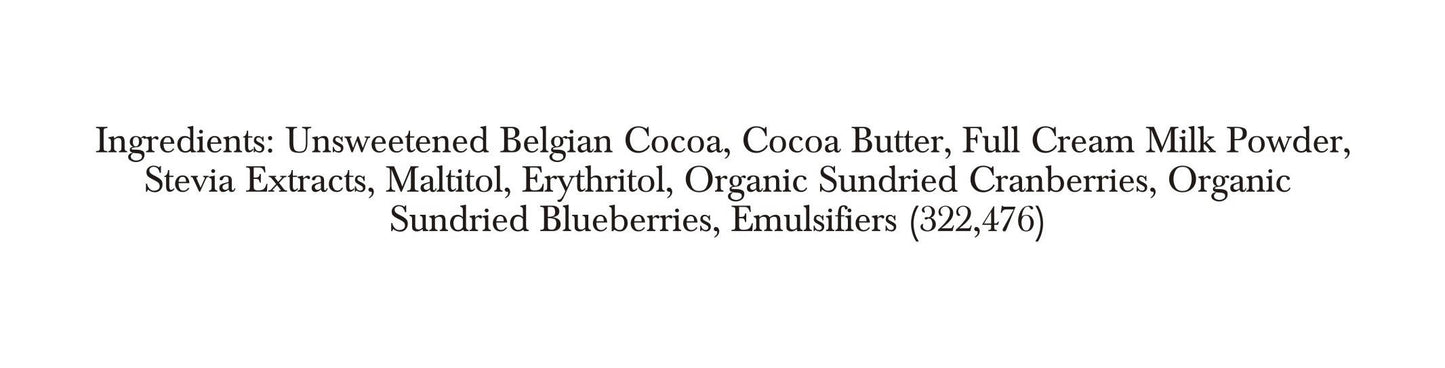 Zevic Belgian Couverture Chocolate with Organic Cranberries and Blueberries