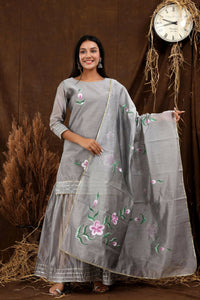 Thumbnail for Women's Grey Hand Paint Sharara Set With Dupatta - Isya - Distacart