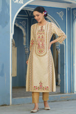Thumbnail for Juniper Women's Cream Rayon Staple Placement Printed A-Line Kurta - Distacart
