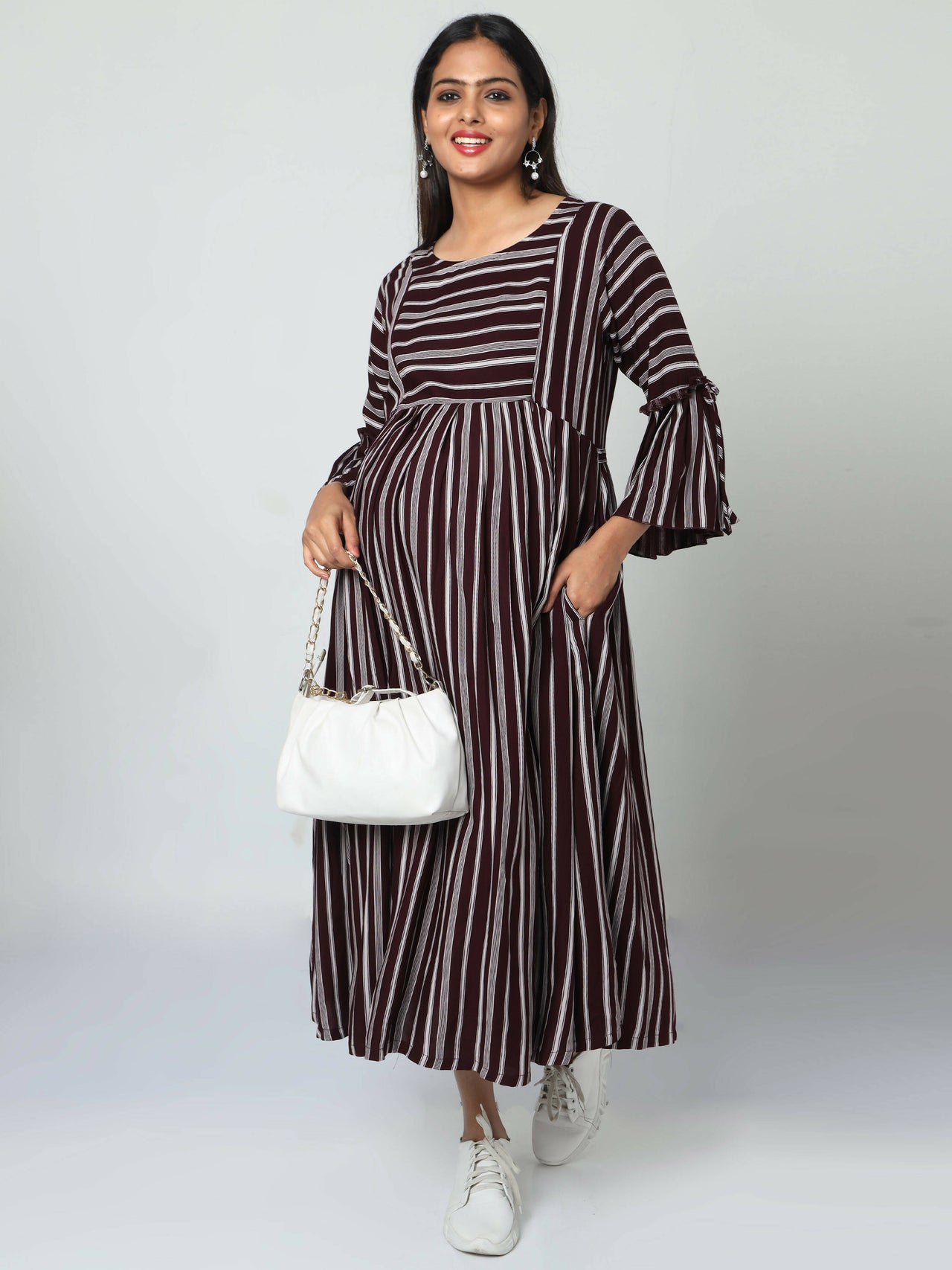 Manet Three Fourth Maternity Dress Striped With Concealed Zipper Nursing Access - Brown - Distacart