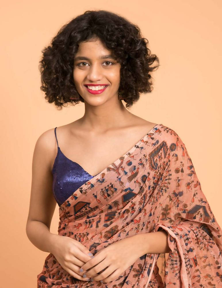 Suta Peach Blue Warli Printed Pure Cotton Saree - Distacart