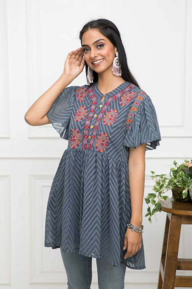 Myshka Women Solid V-Neck Flared Sleeves Synthetic Georgette Grey Top - Distacart