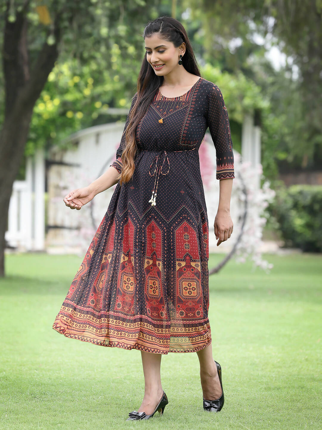Juniper Black Georgette Festive Printed A-Line Dress For Women - Distacart