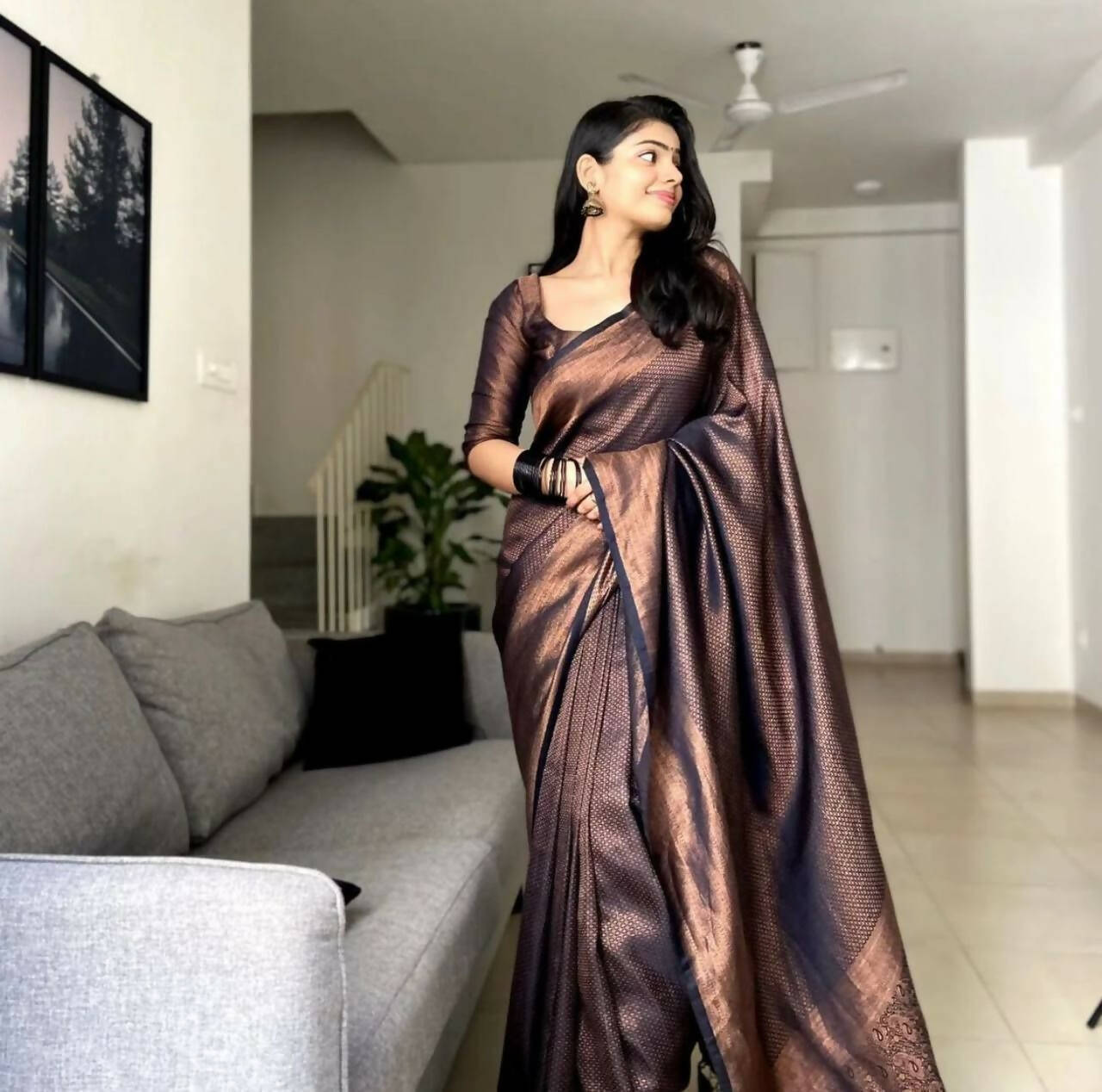 DEIANA'S Beautiful Golden Jari with New Design Soft Lichi Silk Saree - Black - Distacart