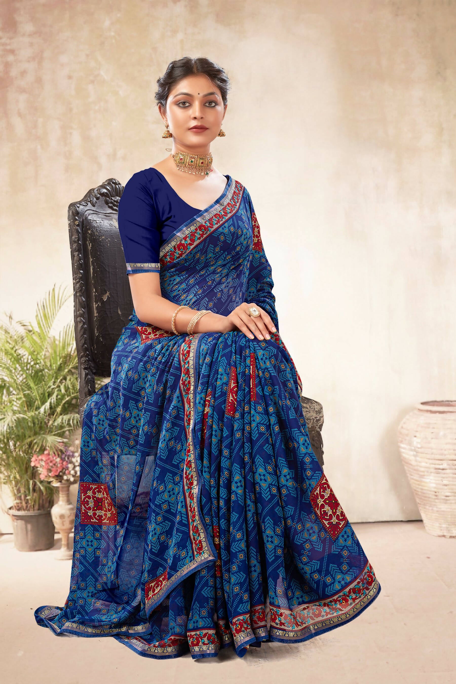 Blue Georgette Bandhni Printed Saree With Unstitched Blouse Piece - Shanaya - Distacart