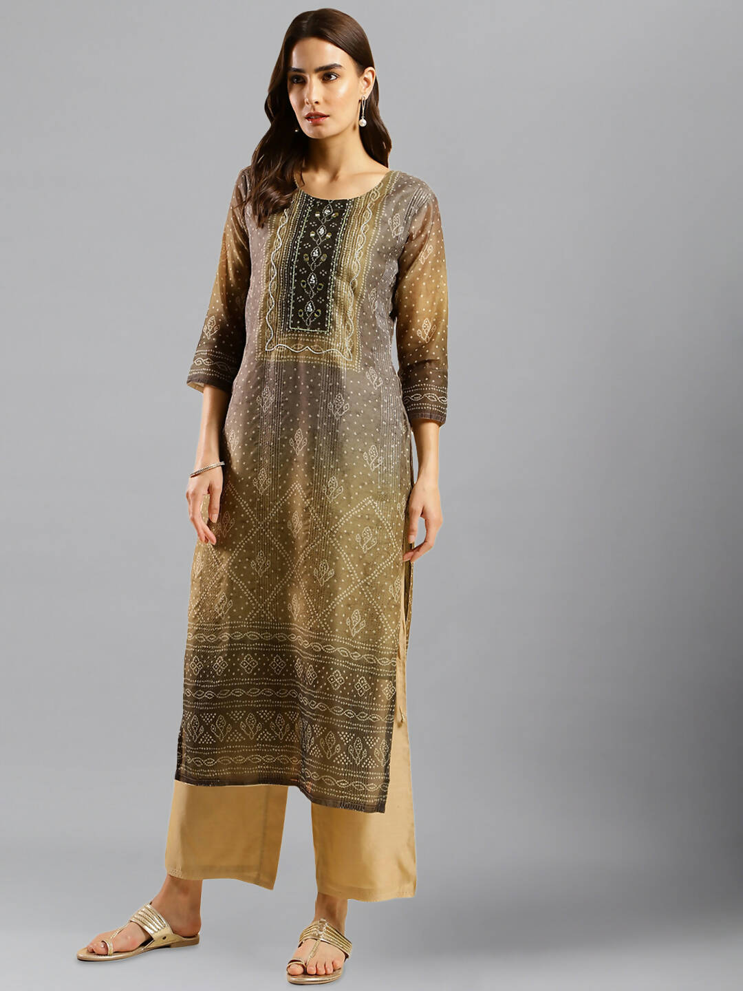 Brown Chinon Digital Printed With Hand Work Kurta - Himanshi - Distacart