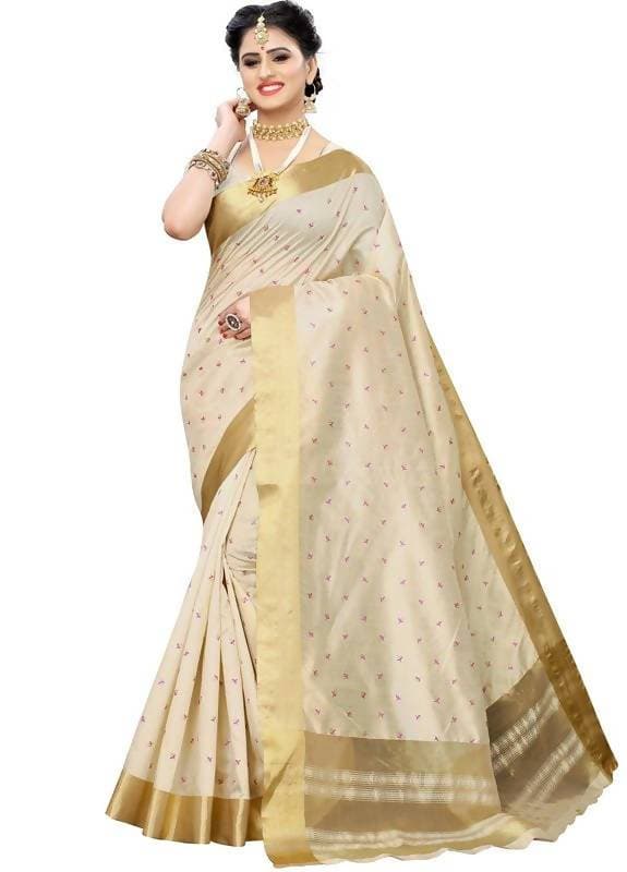 Vamika Weaving Cream Cotton Polyester Silk Saree (Kerala Tikki)