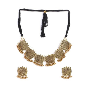 Mominos Fashion Oxidised Lotus Design Golden Color Necklace Choker Set