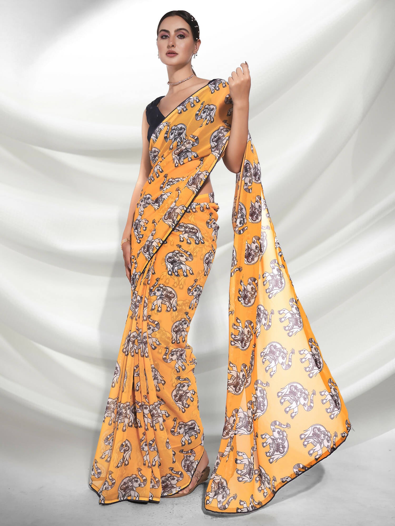 Yellow Georgette Animal Printed Saree With Unstitched Blouse Piece - Rajal - Distacart