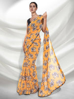 Thumbnail for Yellow Georgette Animal Printed Saree With Unstitched Blouse Piece - Rajal - Distacart