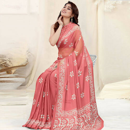 Women's Partywear Designer Peach Chinon Shiffon Fancy Saree - Dyuti - Distacart