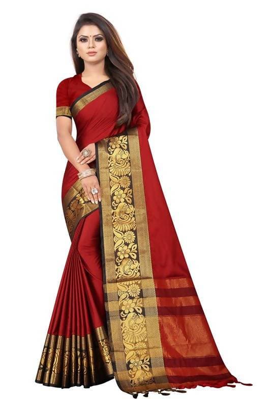 Vamika Banarasi Cotton Silk Weaving Red Saree (DOCTOR MOR RED)