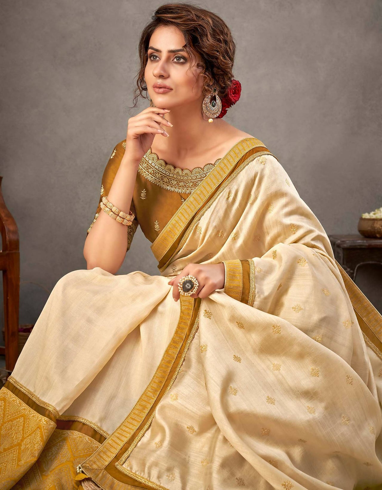 Off-White And Mustard Yellow Tusser Silk Zari And Sequins Embroidery Saree - Norita Arinya - Distacart