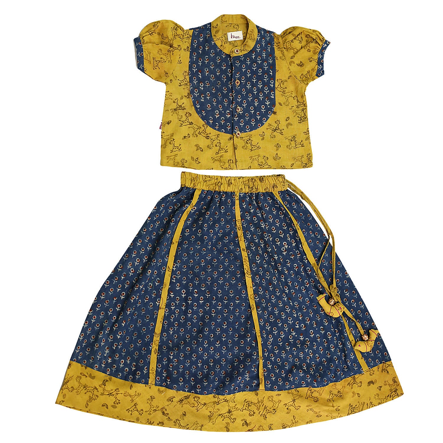 Mhyssa Block Printed Blue Ghagra Choli With Stand Collar & Puff Sleeves Set - Distacart