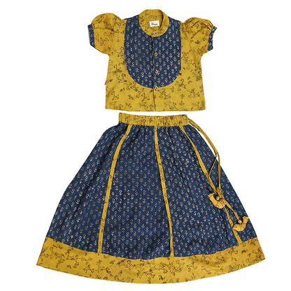 Mhyssa Block Printed Blue Ghagra Choli With Stand Collar & Puff Sleeves Set - Distacart