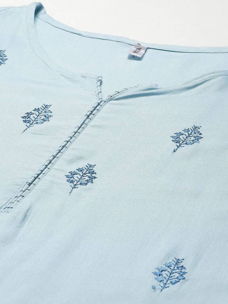 Yufta Women Blue Embroidered Thread Work Kurta with Palazzo & With Dupatta