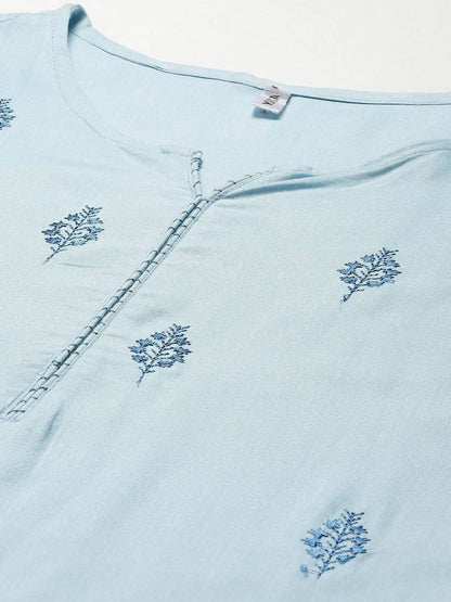Yufta Women Blue Embroidered Thread Work Kurta with Palazzo & With Dupatta