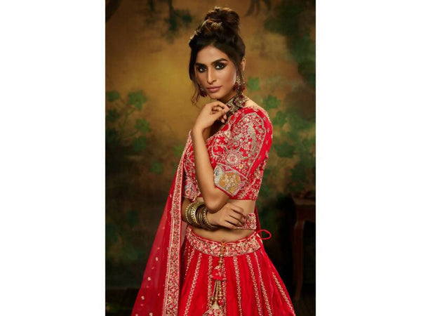 House of Panchhi Red Pure Silk Moti & Zarkan heavy embroidery Lehenga choli & Dupatta - Distacart