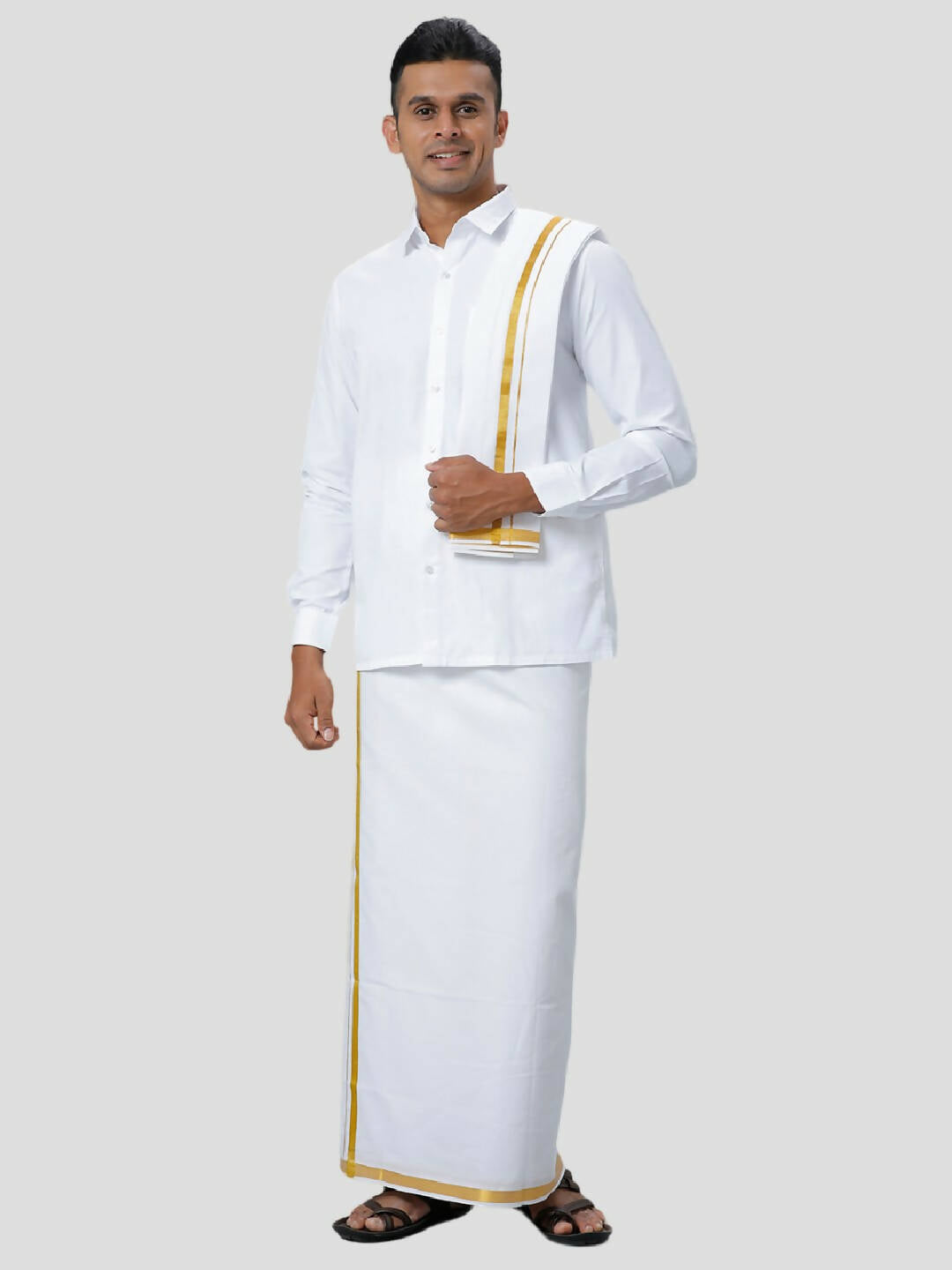 Ramraj Cotton Mens 1/4 " Poly Cotton Gold Jari Dhoti And Towel Set - White - Distacart