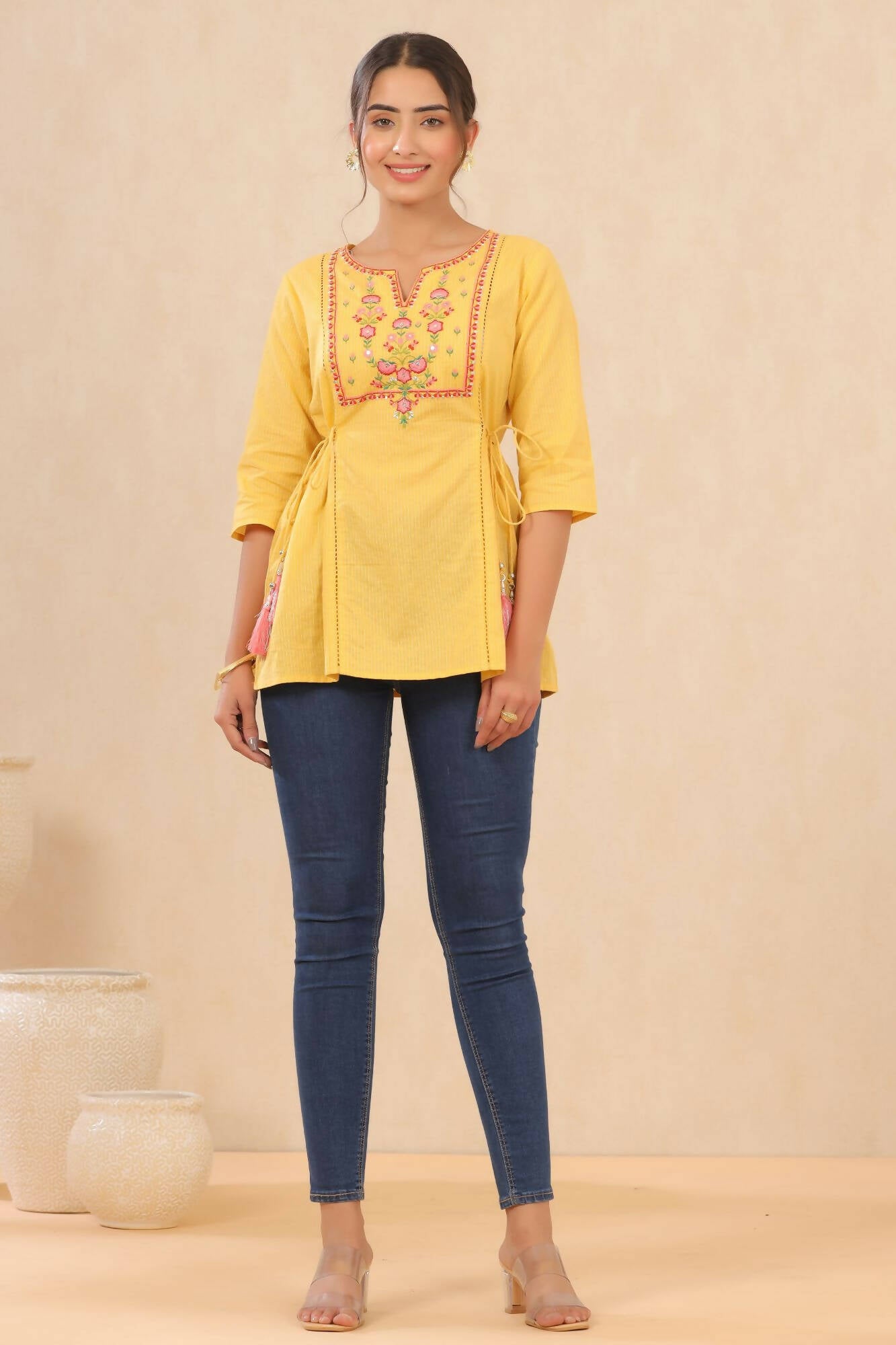 Juniper Women Yellow Cotton Dobby Embroidered A-Line Tunic - Distacart