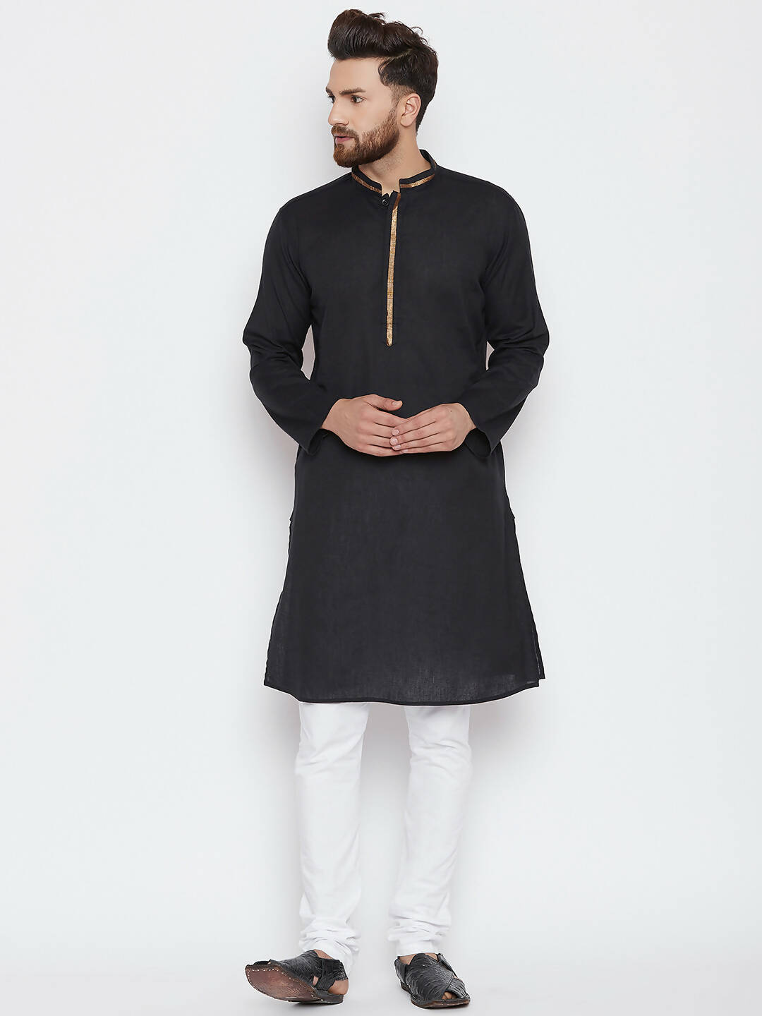 Even Apparels Black Color Pure Cotton Men's Kurta With Band Collar - Distacart