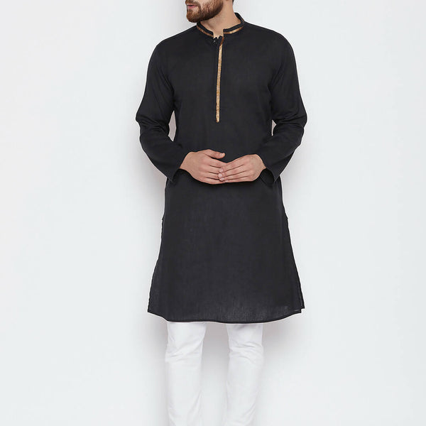 Even Apparels Black Color Pure Cotton Men's Kurta With Band Collar - Distacart