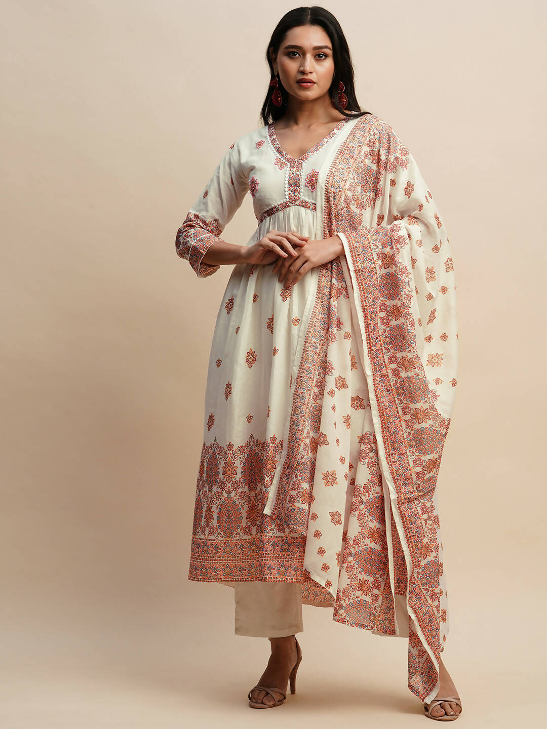 White And Peach Pure Cotton Floral Printed Anarkali Kurta And Bottom With Dupatta - Akashara - Distacart