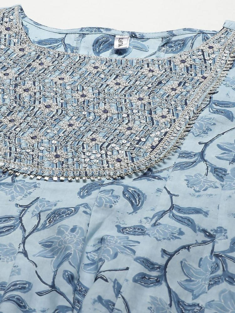 Yufta Women Blue Floral Printed Regular Pure Cotton Kurta with Trouser With Dupatta